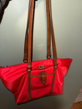 Dooney & Bourke Red Tote with Brown Leather Trim and Straps